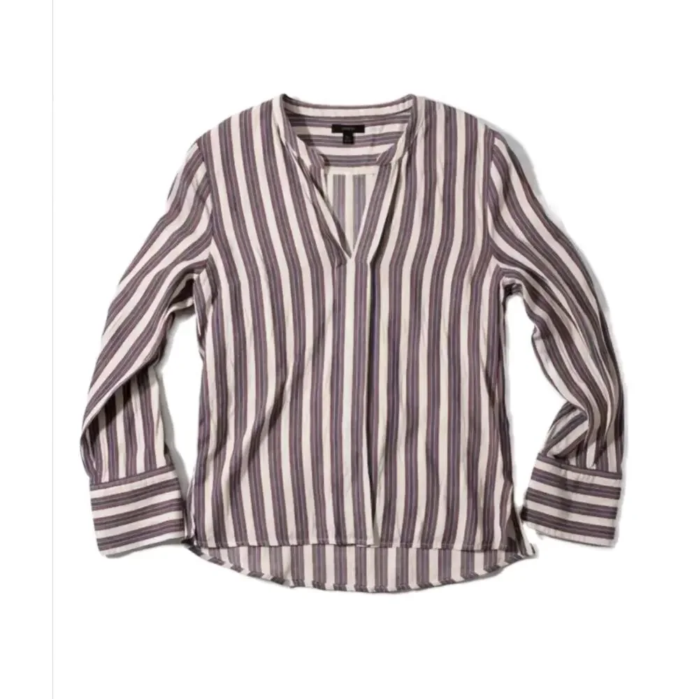 J.Crew Striped Popover Blouse 12 Split Neck Tunic Red Blue Cotton Shirt